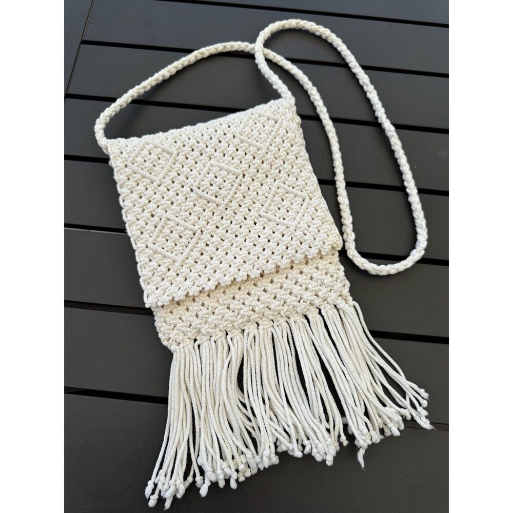Cream Crochet Fringe Crossbody Purse Boho Festival Cottagecore Cotton Bag